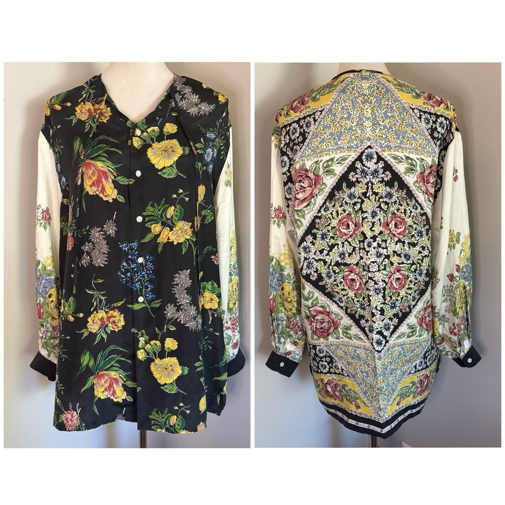 VTG Lizwear 100% Silk Mixed Floral Patchwork Tunic Blouse Scarf Print 90s Medium